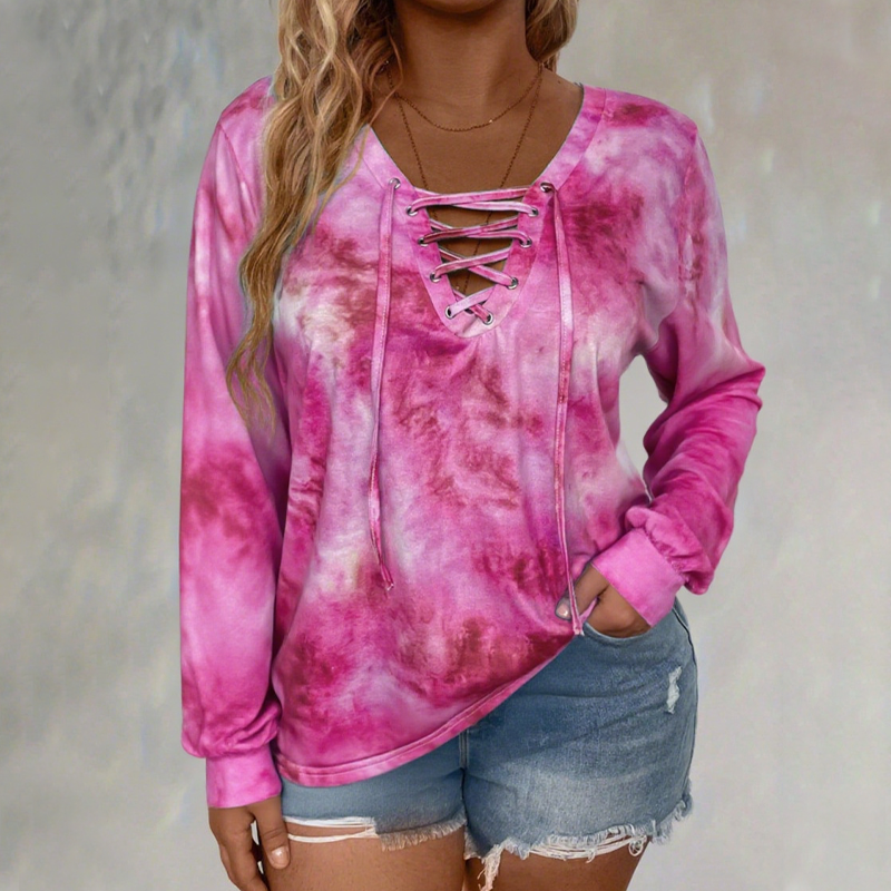 Women's Tie-Dye Printed Lace-Up V-Neck Top mysite