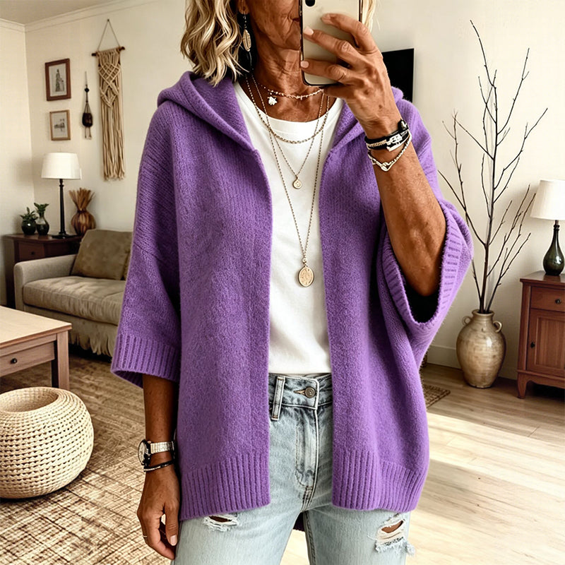 Women's 3/4 Sleeve Hooded Knit Cardigan mysite