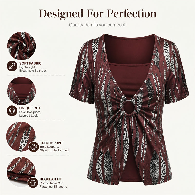 Women's Leopard Print O-Ring Faux Two-Piece T-Shirt mysite