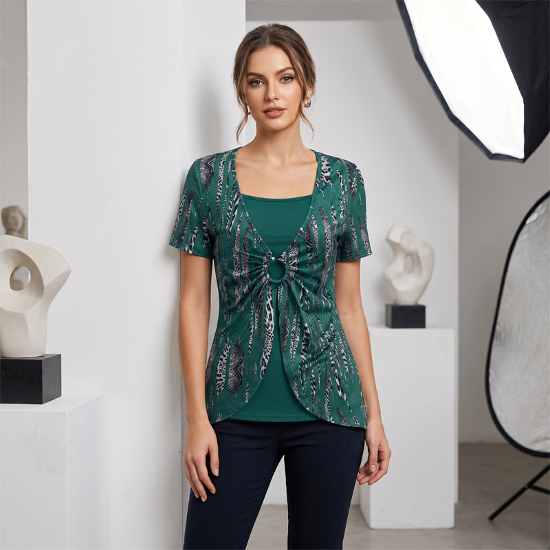 Women's Leopard Print O-Ring Faux Two-Piece T-Shirt mysite