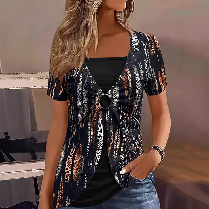 Women's Leopard Print O-Ring Faux Two-Piece T-Shirt mysite