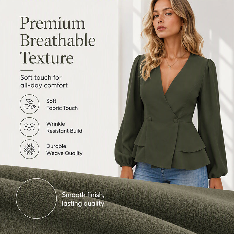 Women's V-Neck Lantern Sleeve Peplum Blouse mysite