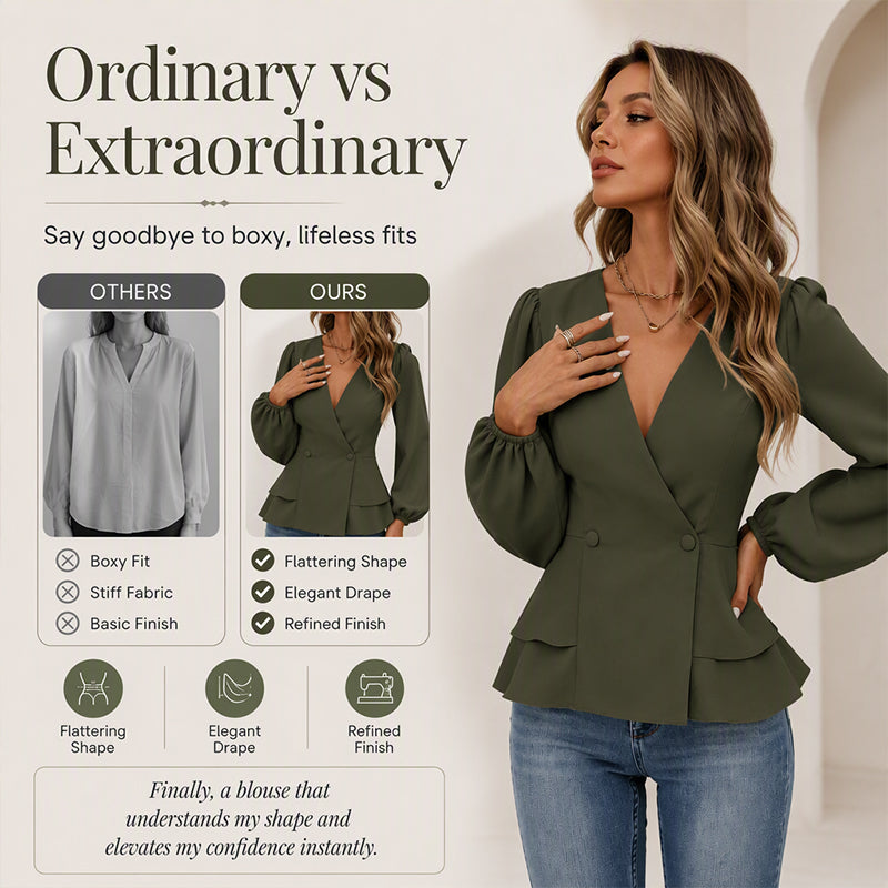 Women's V-Neck Lantern Sleeve Peplum Blouse mysite