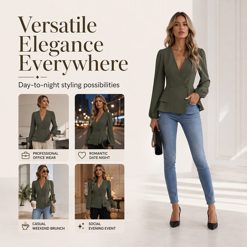 Women's V-Neck Lantern Sleeve Peplum Blouse mysite