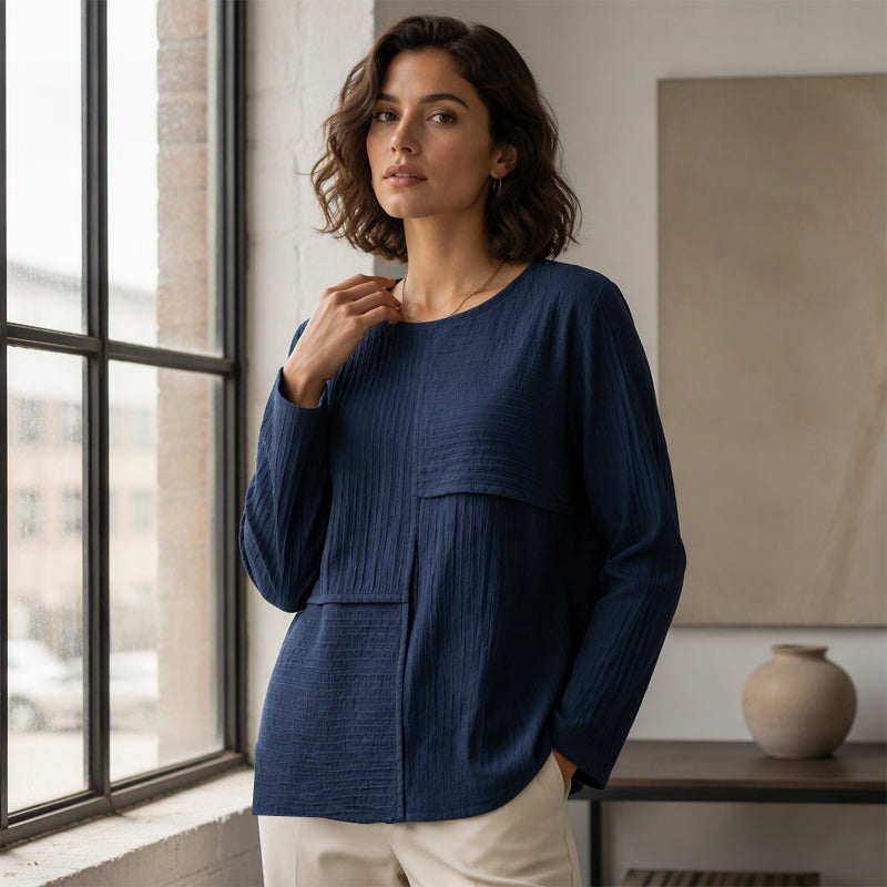 Women's Crewneck Textured Patchwork Top mysite