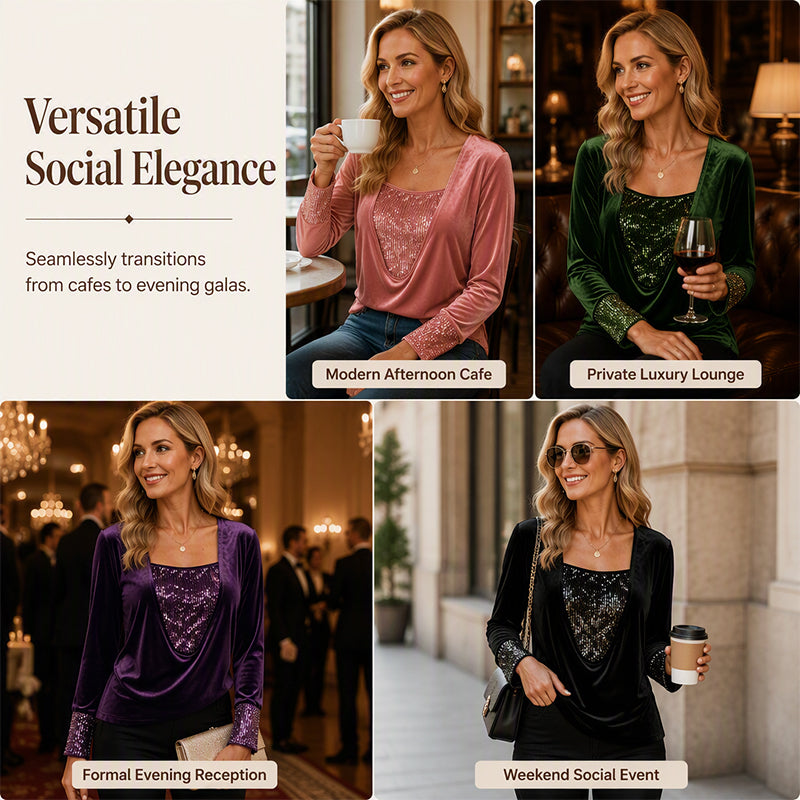 Women's Elegant Sequin Patchwork Long Sleeve Top mysite