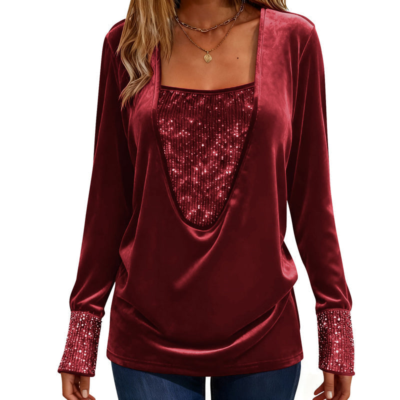 Women's Elegant Sequin Patchwork Long Sleeve Top mysite