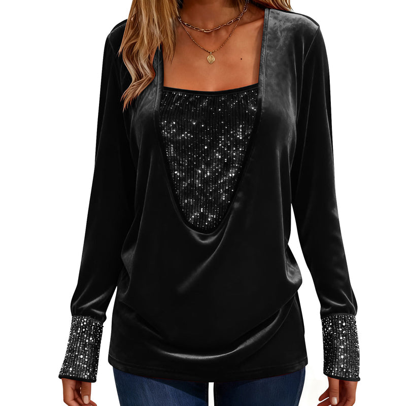 Women's Elegant Sequin Patchwork Long Sleeve Top mysite