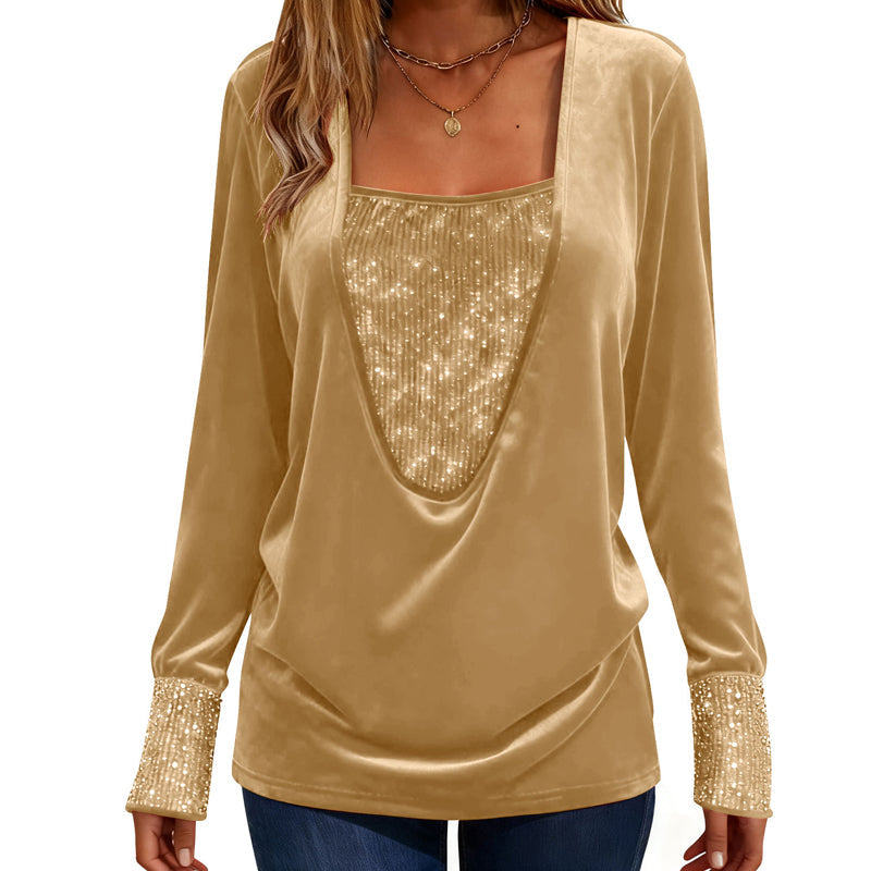 Women's Elegant Sequin Patchwork Long Sleeve Top mysite