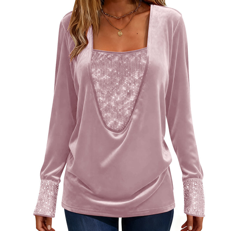 Women's Elegant Sequin Patchwork Long Sleeve Top mysite