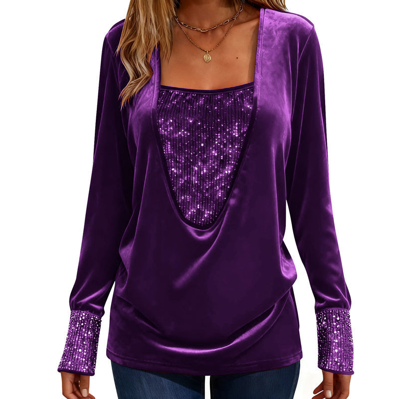 Women's Elegant Sequin Patchwork Long Sleeve Top mysite