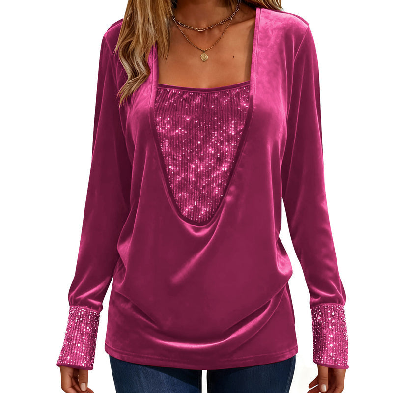 Women's Elegant Sequin Patchwork Long Sleeve Top mysite