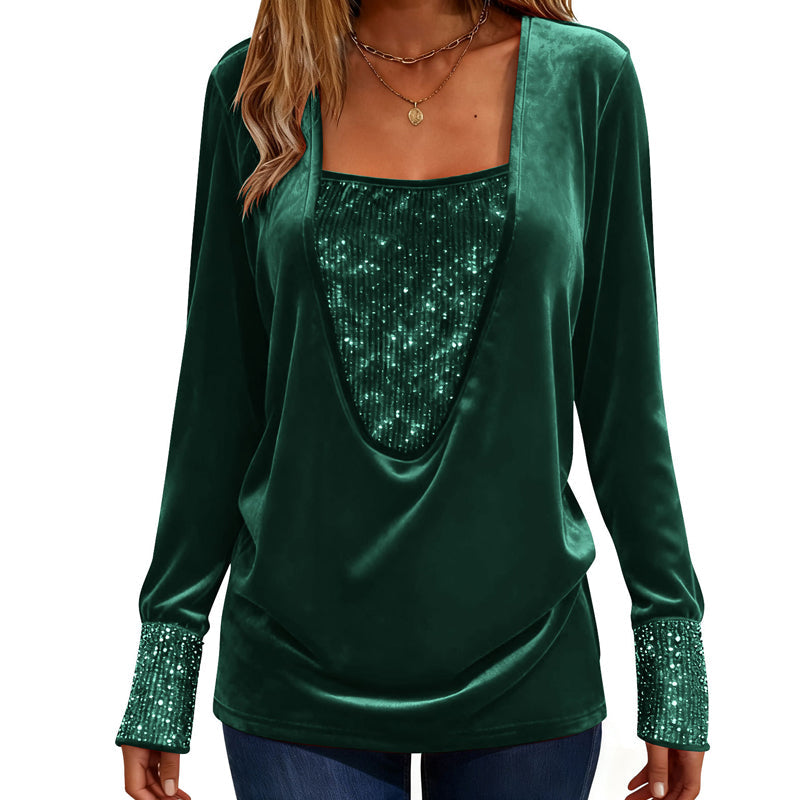 Women's Elegant Sequin Patchwork Long Sleeve Top mysite