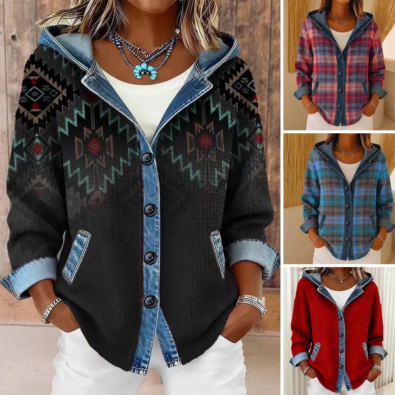 Women's Denim Patchwork Hooded Jacket mysite