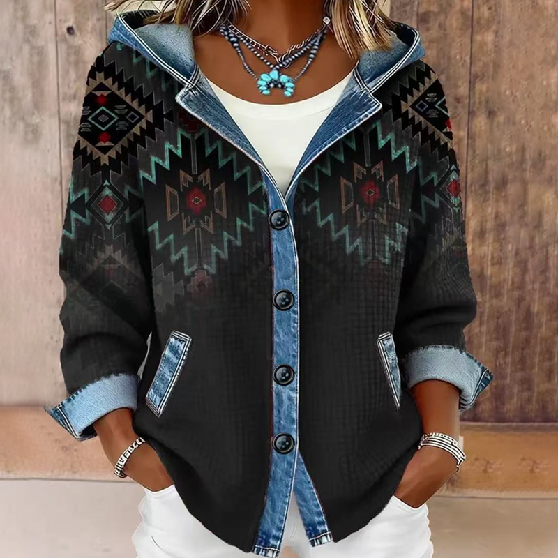 Women's Denim Patchwork Hooded Jacket mysite