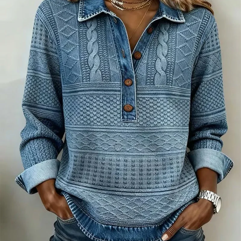 Women’s Denim Patchwork Lapel Long-Sleeve Shirt mysite
