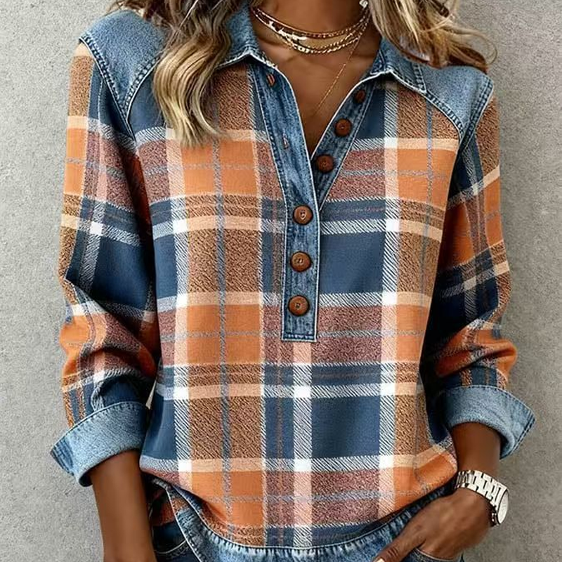 Women’s Denim Patchwork Lapel Long-Sleeve Shirt mysite