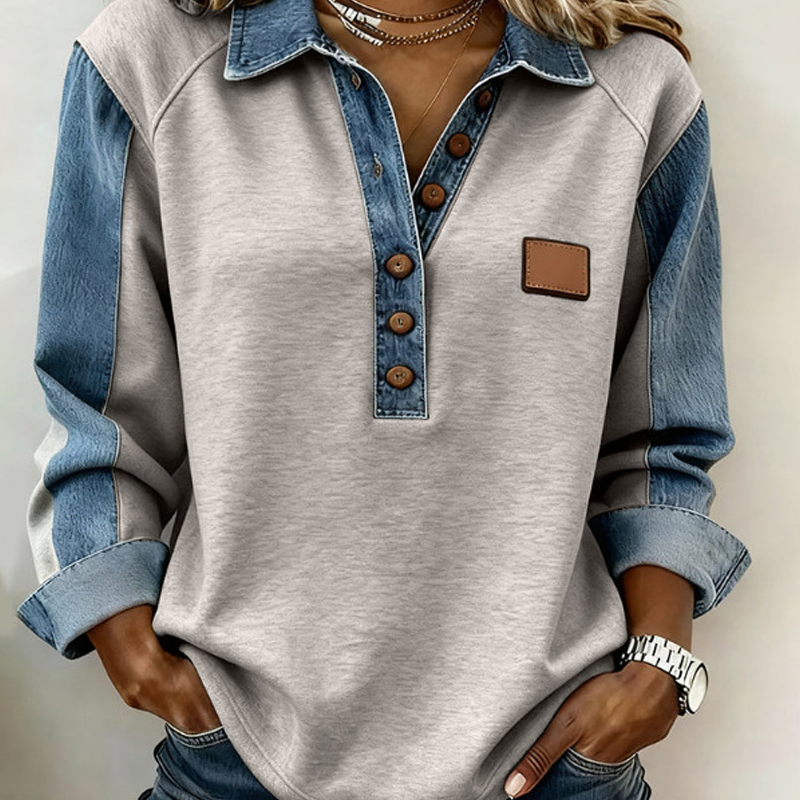 Women’s Denim Patchwork Lapel Long-Sleeve Shirt mysite