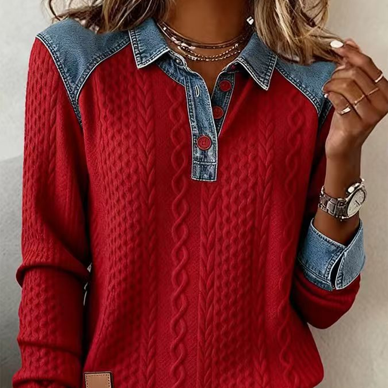 Women’s Denim Patchwork Lapel Long-Sleeve Shirt mysite