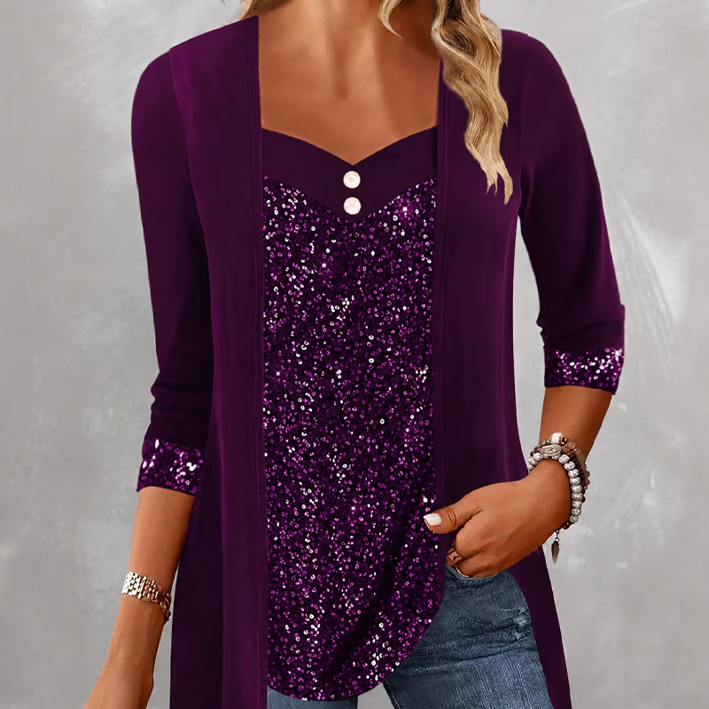 Women's Sequin Patchwork Mock Two-Piece Top mysite