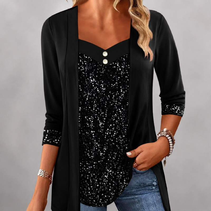 Women's Sequin Patchwork Mock Two-Piece Top mysite