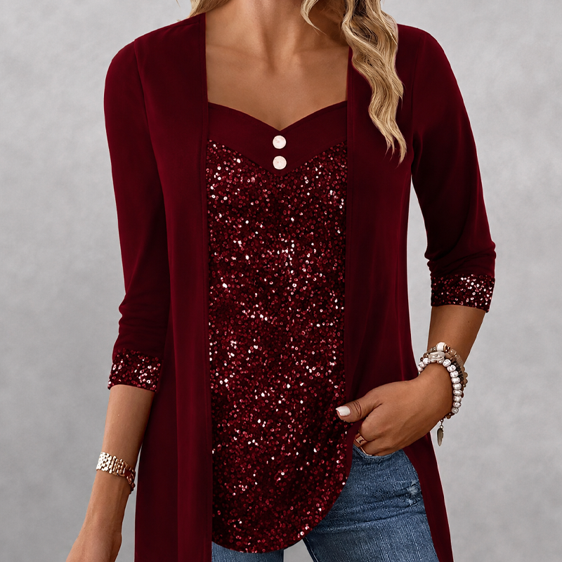 Women's Sequin Patchwork Mock Two-Piece Top mysite