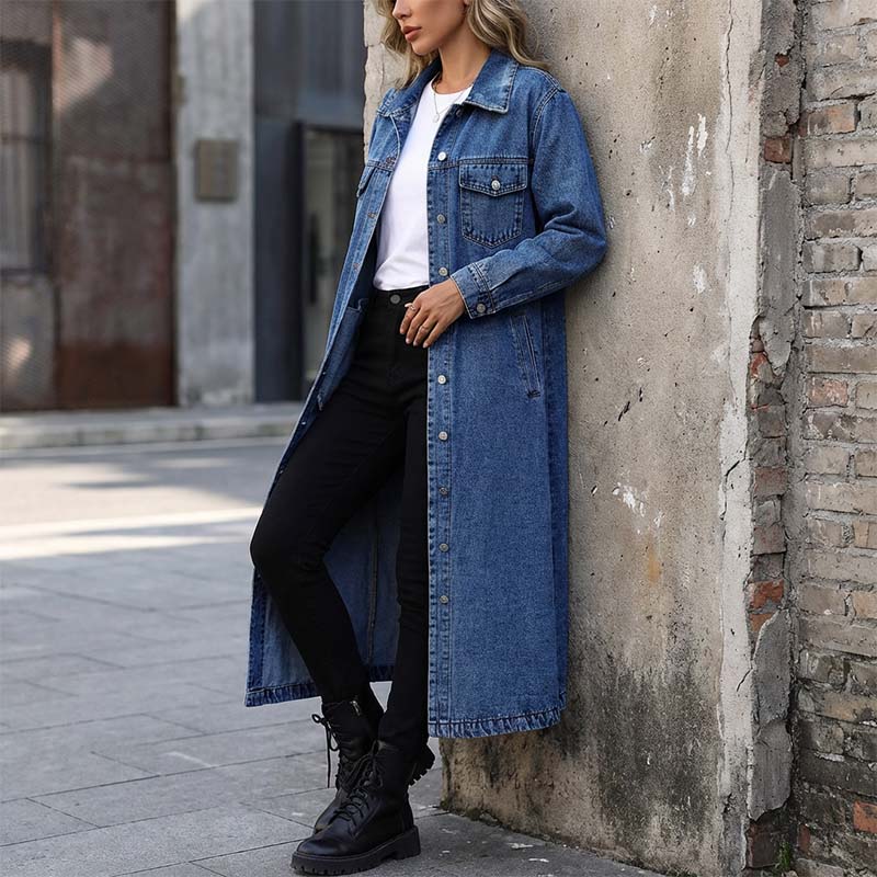 Women’s Casual Longline Button-Up Denim Coat mysite