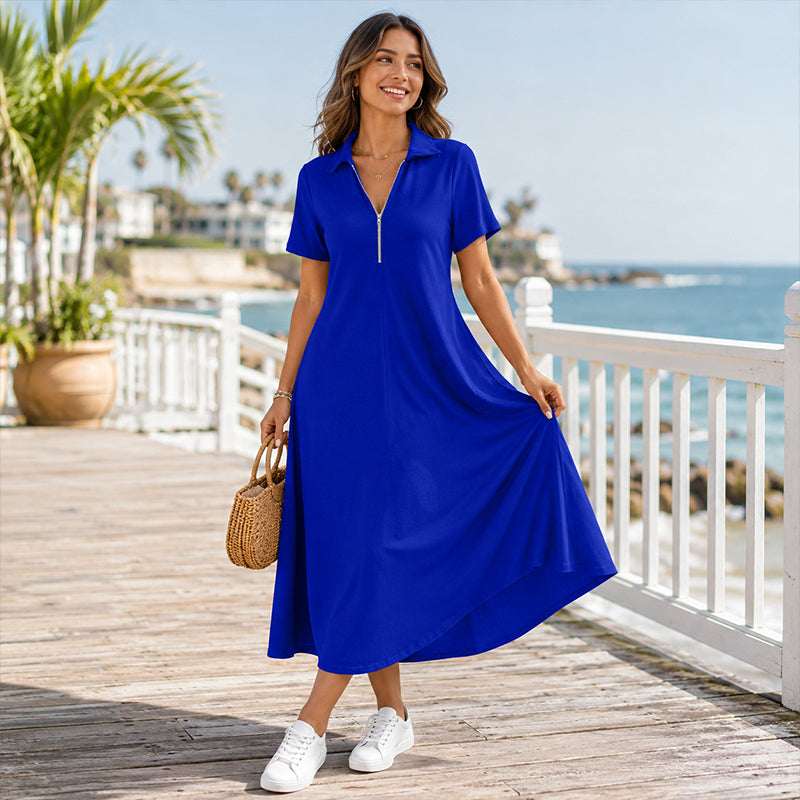 Women's Casual Solid Color Zipper Maxi Dress mysite