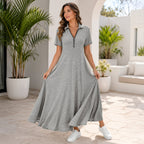 Women's Casual Solid Color Zipper Maxi Dress mysite