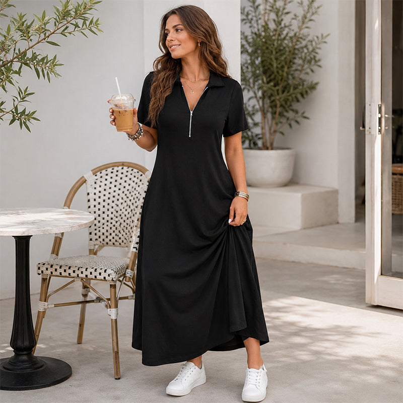 Women's Casual Solid Color Zipper Maxi Dress mysite