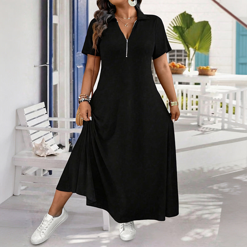 Women's Casual Solid Color Zipper Maxi Dress mysite