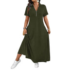 Women's Casual Solid Color Zipper Maxi Dress mysite