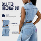 Women Sleeveless High Slit Denim Vest Dress Longline Jean Jacket mysite