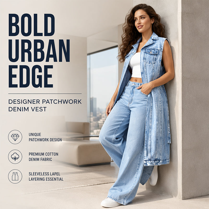 Women Sleeveless High Slit Denim Vest Dress Longline Jean Jacket mysite