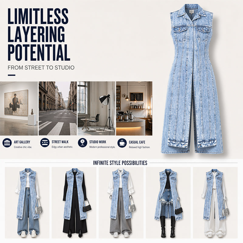 Women Sleeveless High Slit Denim Vest Dress Longline Jean Jacket mysite