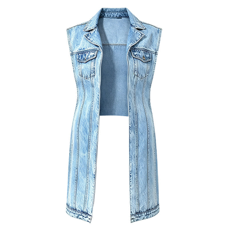 Women Sleeveless High Slit Denim Vest Dress Longline Jean Jacket mysite