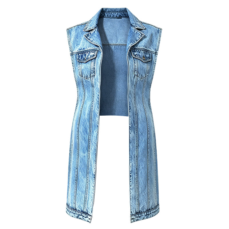 Women Sleeveless High Slit Denim Vest Dress Longline Jean Jacket mysite