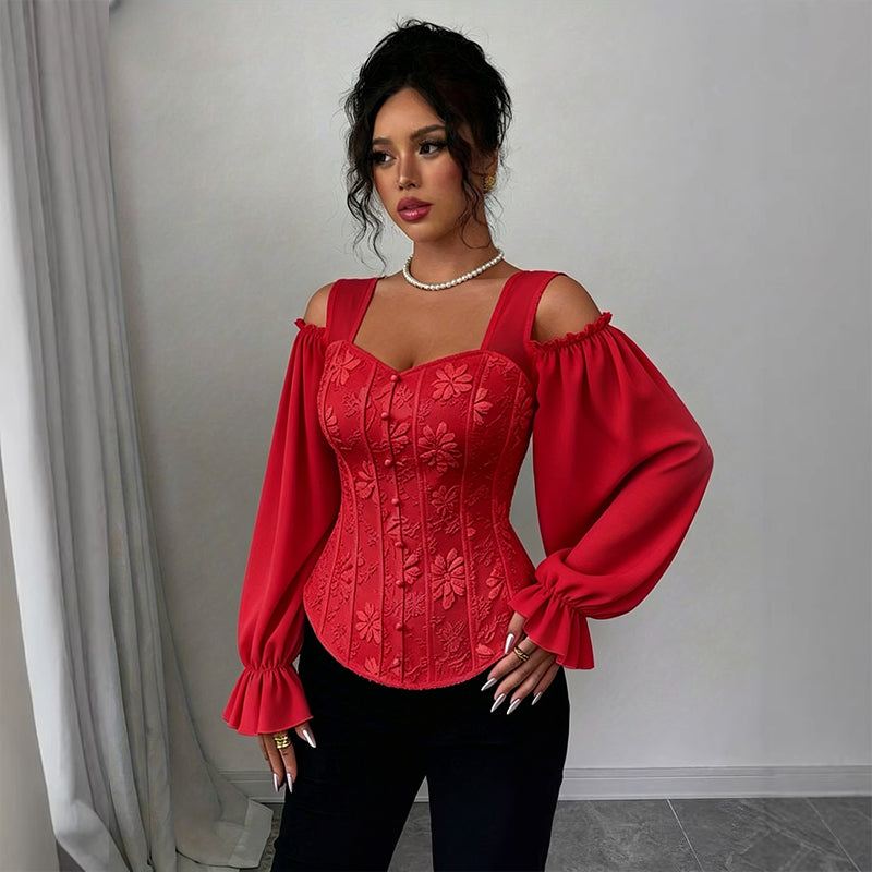 Women's Floral Jacquard Off-Shoulder Corset Top mysite
