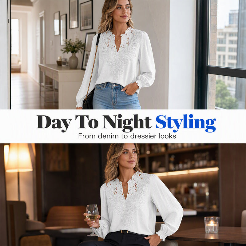 Women V Neck Lace Blouse Long Sleeve Swiss Dot Casual T Shirts Top mysite