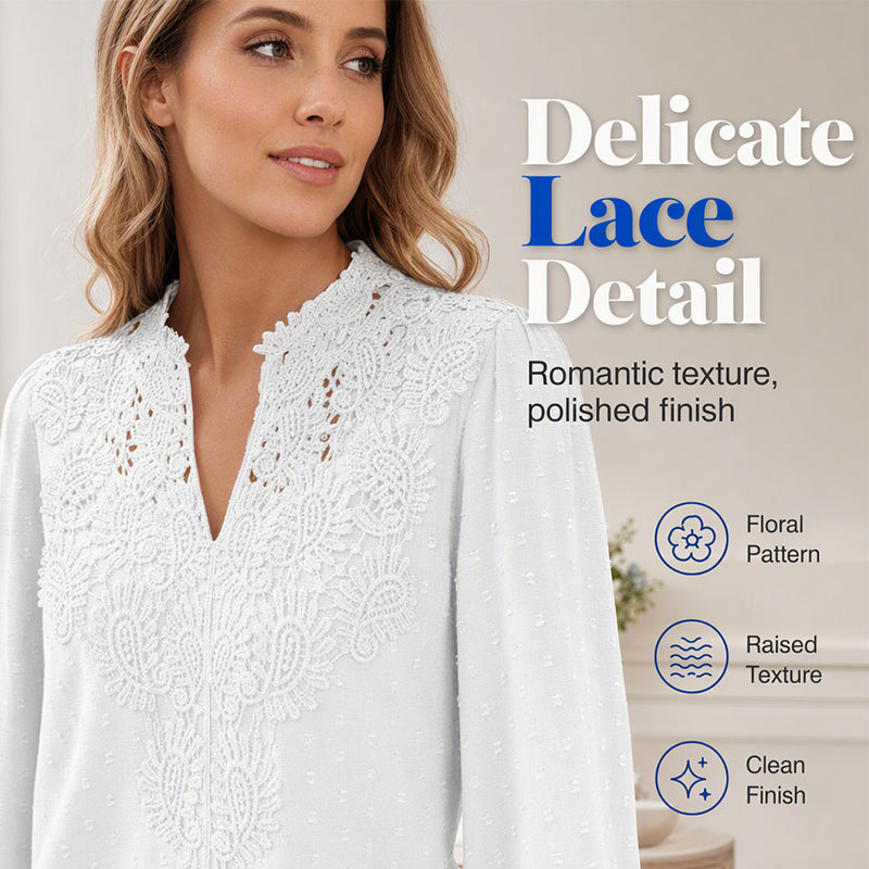 Women V Neck Lace Blouse Long Sleeve Swiss Dot Casual T Shirts Top mysite