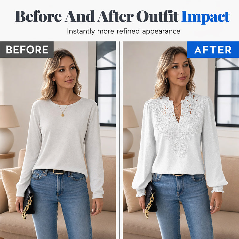 Women V Neck Lace Blouse Long Sleeve Swiss Dot Casual T Shirts Top mysite