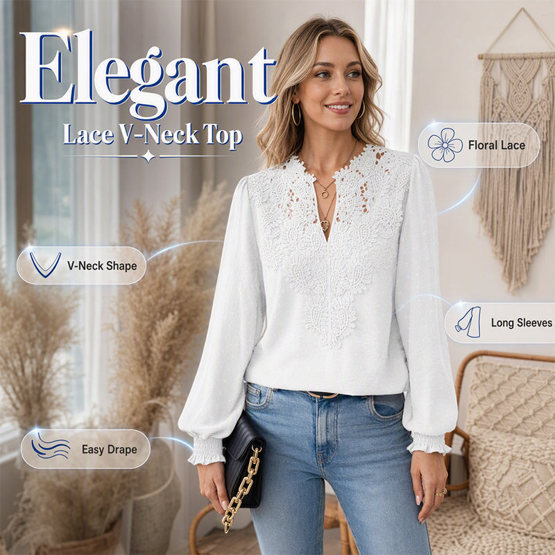 Women V Neck Lace Blouse Long Sleeve Swiss Dot Casual T Shirts Top mysite
