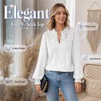 Women V Neck Lace Blouse Long Sleeve Swiss Dot Casual T Shirts Top mysite