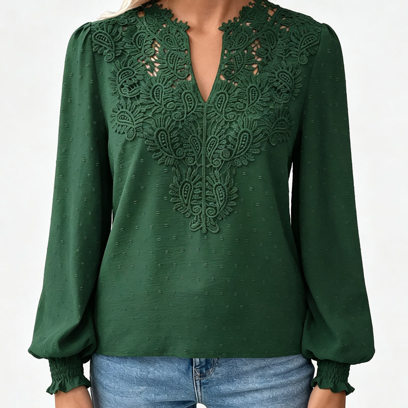 Women V Neck Lace Blouse Long Sleeve Swiss Dot Casual T Shirts Top mysite