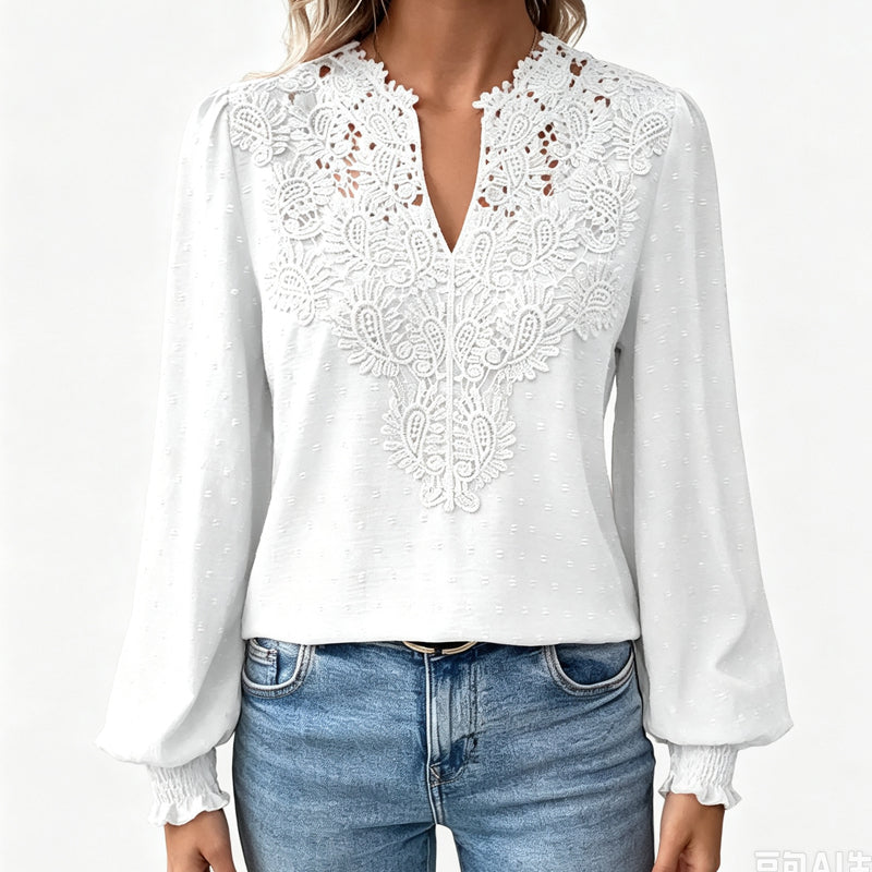 Women V Neck Lace Blouse Long Sleeve Swiss Dot Casual T Shirts Top mysite