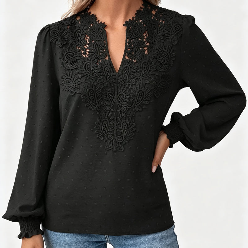 Women V Neck Lace Blouse Long Sleeve Swiss Dot Casual T Shirts Top mysite
