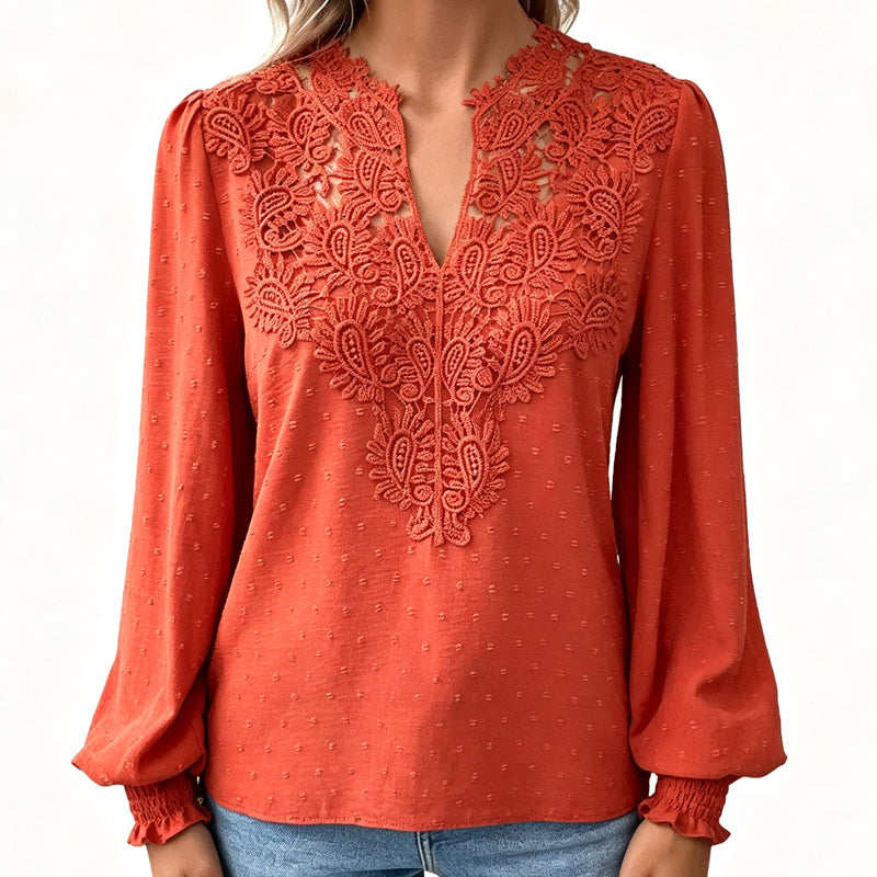 Women V Neck Lace Blouse Long Sleeve Swiss Dot Casual T Shirts Top mysite