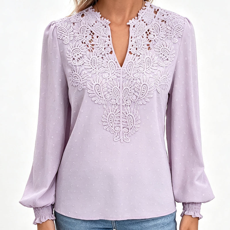 Women V Neck Lace Blouse Long Sleeve Swiss Dot Casual T Shirts Top mysite