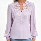 Women V Neck Lace Blouse Long Sleeve Swiss Dot Casual T Shirts Top mysite