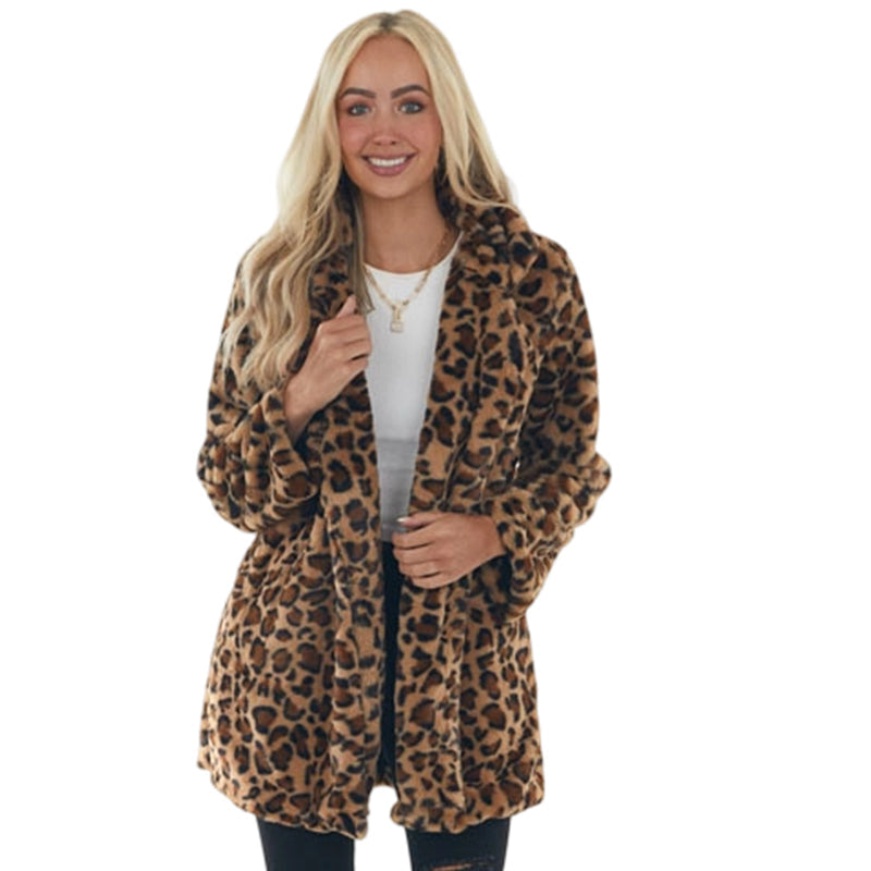 Women’s Stylish Leopard Print Faux Fur Coat mysite